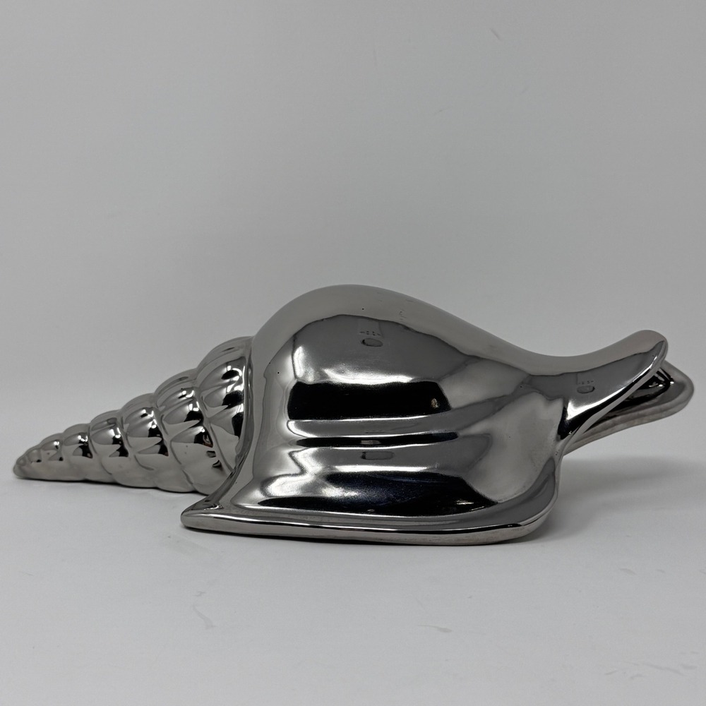 Vintage Chrome Seashell Sculpture Coastal Modern Nautilus Shell Decor 10"